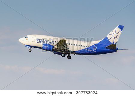 Moscow, Russia - June 20, 2019: Aircraft Boeing 737-524 Ew-253pa Of Belavia Airline Landing At Domod