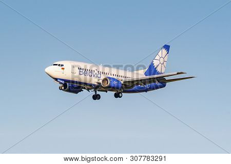 Moscow, Russia - June 20, 2019: Aircraft Boeing 737-524 Ew-253pa Of Belavia Airline Landing At Domod