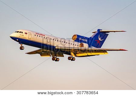 Moscow, Russia - June 20, 2019: Aircraft Yakovlev Yak-42d Ra-42368 Of Izhavia Airline Landing At Dom