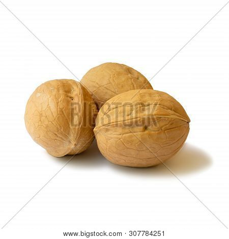 Isolated Whole Walnuts In Shell On A White Background, Close Up. Seeds Of The Common Walnut Tree Jug
