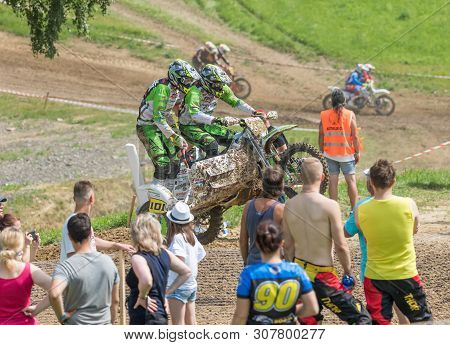 Brezova Nad Svitavou, Czech Republic - June 15, 2019: Sidecars Are Jumping In Front Of Standing Spec
