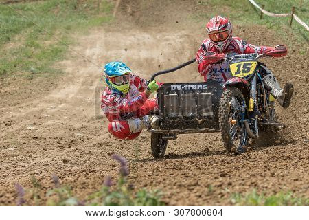Brezova Nad Svitavou, Czech Republic - June 15, 2019: Sidecars Of Japokra Racing Team In The Turn In