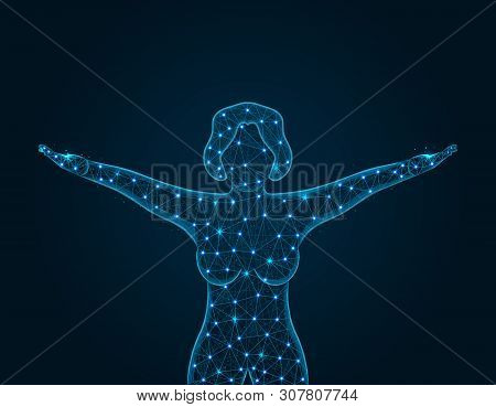 Girl In Good Physical Shape Low Poly Design, Happy Woman In Polygonal Style, Girl Raised Her Arms Up