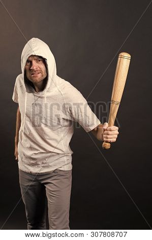 Bearded Man Hold Baseball Bat. Hooligan Wear Hood In Hoodie Tshirt. Gangster Guy Threaten With Bat W