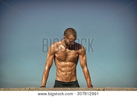 Guy Motivated Workout. Sportsman Improves His Strength By Push Up Exercise. Push Ups Challenge. Impr
