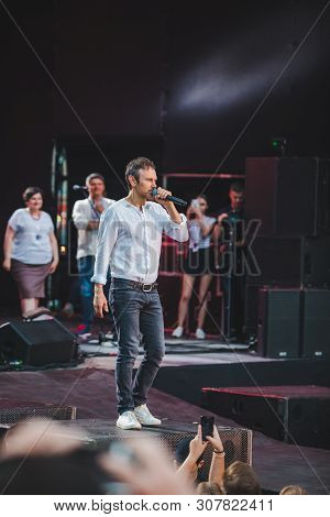 Lviv, Ukraine - June 18, 2019: Vakarchuk At Stage Talking In Microphone. Political