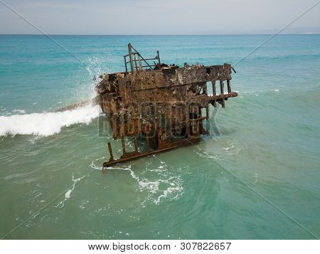 Old Rusty Ship Wreck In The Middle Of The Sea, Next To Limmasol, Ciprus