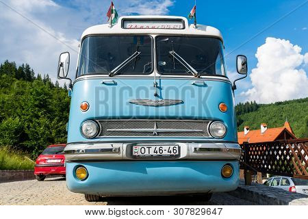 Cozmeni, Romania- 23 June 2019: Front View Of A  Retro Hungarian Ikarus 55 , Fabricated In  1955 .