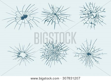 Broken Glass, Cracks, Bullet Marks On Glass. High Resolution. Vector Illustration. Texture Glass Wit