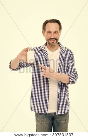 Health And Wellness. Mature Man Pointing At Pill Bottle. Senior Man With Medicine Pill And Vitamin C