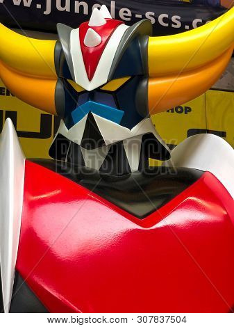 Osaka, Japan - 13 Apr,2019 :  Close Up Of Vintage Statue Of  Ufo Robo Grendizer Robot In Toys Shop.