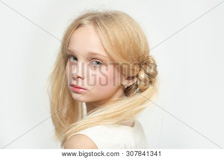 Retro Blonde Teen. Vintage. Hair Care Dyeing. Happy Blond Girl. Skincare And Natural Makeup. Straigh