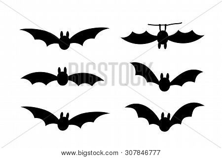 Bats Icon Set. Bat Black Silhouette With Wings Isolated White Background. Symbol Halloween Holiday, 