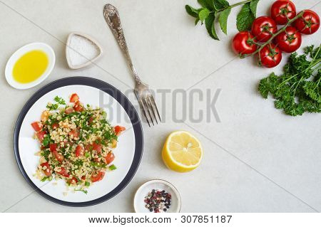 Lebanese Traditional Salad Taboule Soaked Bulgur And Ingredients