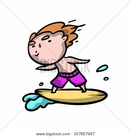 Cute Red Hair Boy Is Surfing On The Ocean Wave In Pink Shorts