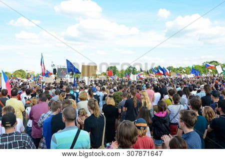 Prague, Czech Republic - June 23 2019: Crowd Of People Protests Against Prime Minister Babis And Min