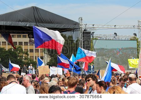 Prague, Czech Republic - June 23 2019: Crowd Of People Protests Against Prime Minister Babis And Min