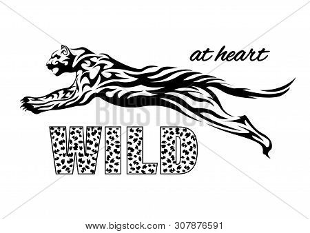 Jaguar Print T-shirt. Spotted Slogan, Lettering  Wild At Heart. Tribal Pattern Style Vector Illustra