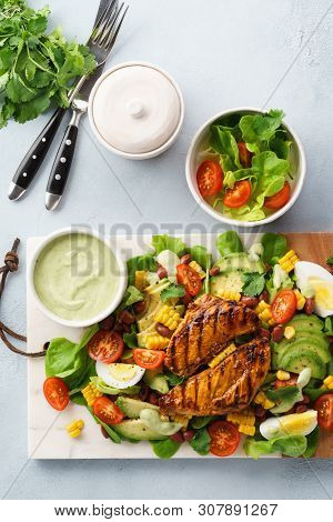 Bbq Chicken Cobb Salad With Avocado Ranch Dressing.
