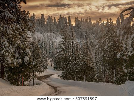 Mountain Road Highway 120 Towards Yosemite, California, Usa, On A Winters Day Featuring Snow On The 