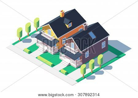 Comfortable Private Houses Vector Illustration. Modern Structures With Mowed Lawns With Beautiful Ga