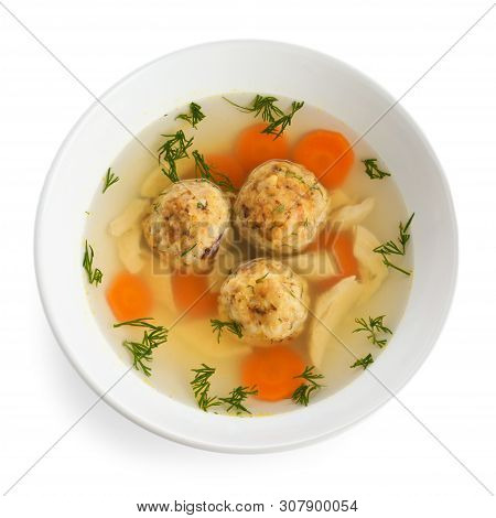 Bowl Of Jewish Matzoh Balls Soup Isolated On White, Top View