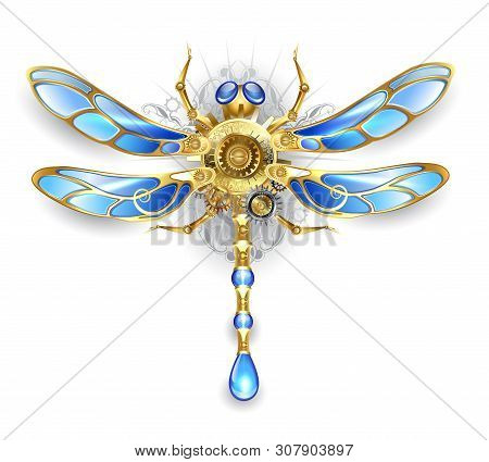 Mechanical Dragonfly Wings With Blue Glass And Bronze Gears On A White Background