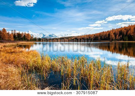 Kidelu Lake In Altai Mountains, Siberia, Russia. Beautiful Autumn Landscape. Famous Travel Destinati