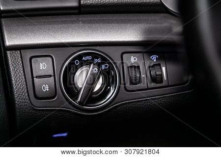 Novosibirsk, Russia - June 18, 2019:  Hyundai I40,   Close-up On The Headlight Switch Control Button