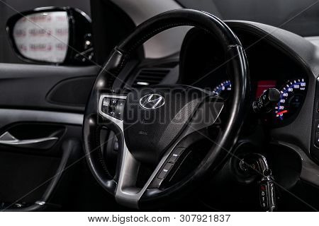 Novosibirsk, Russia - June 18, 2019:  Hyundai I40, Close-up Of The Dashboard, Speedometer, Tachomete
