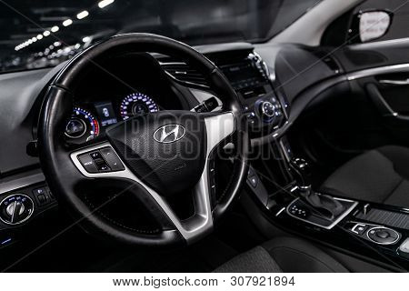 Novosibirsk, Russia - June 18, 2019:  Hyundai I40, Close-up Of The Dashboard, Speedometer, Tachomete