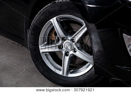 Novosibirsk, Russia - June 18, 2019:  Hyundai I40, Close-up Of The Alloy Wheel. Photography Of A Mod