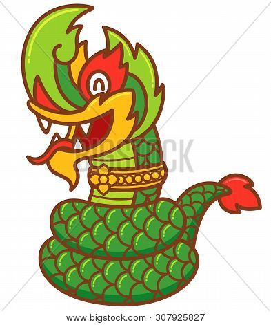 Vector Illustration Of Cartoon Dragon Green Snake. Naga Legend