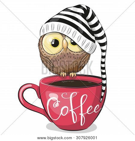 Cute Cartoon Owl Is Sitting On A Cup Of Coffee