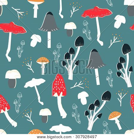 Mushroom Pattern Seamless Design. Decoration Textile And Paper Series
