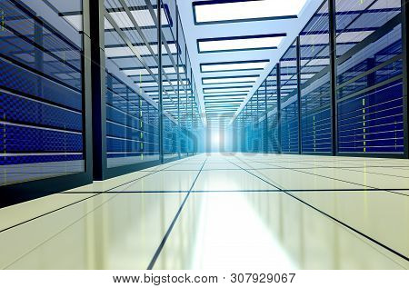 Shot Of Corridor In Working Data Center Full Of Rack Servers And Supercomputers. Point Of View. 3d R