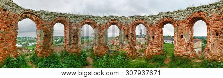 Ancient Medzhybizh Fortress Of The 14-16th Centuries. Panoramic Top View Of The Courtyard And Surrou