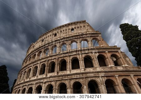Rome Coliseum With Cloudy Sky. Amphitheatrum Flavium 72 A.d. Latium, Italy, Europe