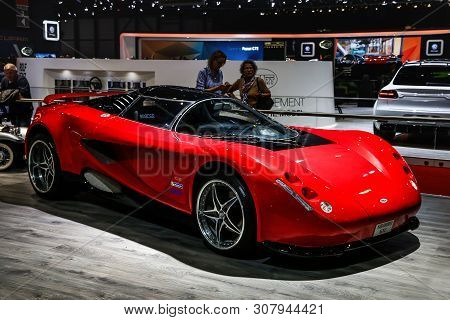 Geneva, Switzerland - March 10, 2019: Red Concept Car Sbarro Gtc Presented At The Annual Geneva Inte
