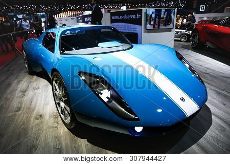 Geneva, Switzerland - March 10, 2019: Blue Concept Car Sbarro Renner Presented At The Annual Geneva 