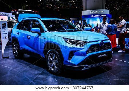 Geneva, Switzerland - March 10, 2019: Motor Car Toyota Rav4 Hybrid Presented At The Annual Geneva In
