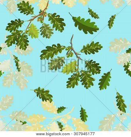 Oak Branches With Leaf And Acorn Seamless Pattern With Light Blue Sky Background