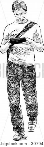 Sketch Of A Young Townsman With His Tablet Pc Walking Down The Street