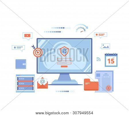 Cloud Security, Cloud Computing, Data Protecting, Secure Data Exchange. Monitor Screen With Sign For