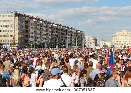 Prague, Czech Republic - June 23 2019: Crowd Of People Protests Against Prime Minister Babis And Min