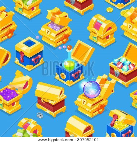 Chest Icon Isometric Vector Treasure Box With Gold Money Wealth Or Wooden Pirate Chests With Golden 