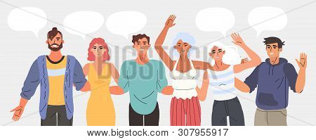 Vector Illustration Of A Group Of Young Smiling Men And Women Having A Conversation, Communication, 