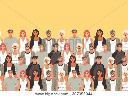 Horizontal Seamless Pattern With Group Of Diverse Happy Smiling People, Students, Volunteers, Collea