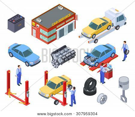 Car Service Isometric. People Repair Cars With Auto Industrial Equipment. Technicians Replace Vehicl
