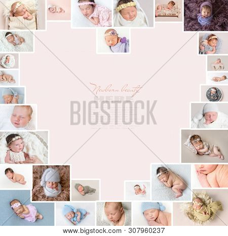 Awesome collage, heart-shaped, from newborn kids photos, at beige background with copy space
